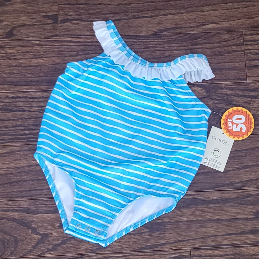 George NEW Blue and White Striped Baby Swimsuit Ruffle Snap Bottom Size 18-24mon